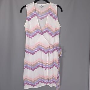 MIGUELINA Ali Wrap Mini Dress Size SMALL Embroidered White Multi Chevron Striped